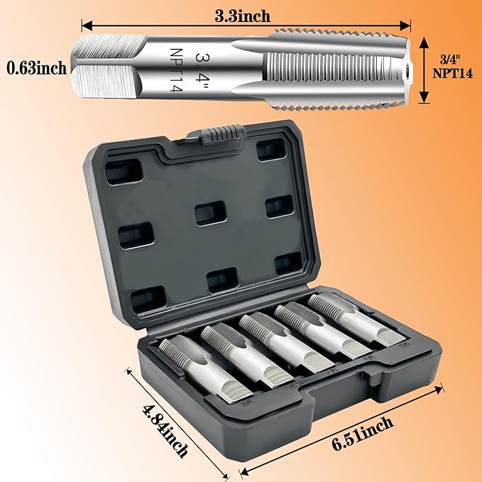 5-Piece NPT Pipe Tap Set, Precision Carbon Steel NPT Tap Set for Clean Accurate Threads, 3/4" NPT Tap, Perfect for Plumbers Mechanics DIYers, with Durable Plastic Case.
