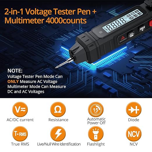 Neoteck 2 in 1 Pen Type Digital Multimeter Voltage Tester 4000 Counts Intelligent TRMS Multimeter Non-Contact Voltmeter for Testing AC/DC Voltage Resistance Continuity Capacitance Diode Live Wire