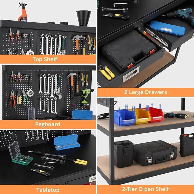 48'' 3-Tier Adjustable Workbench, Heavy Duty Workbench with Drawer and Backplate, 2000 LBS Capacity Work Table, Suitable for Office, Garage, Workshop