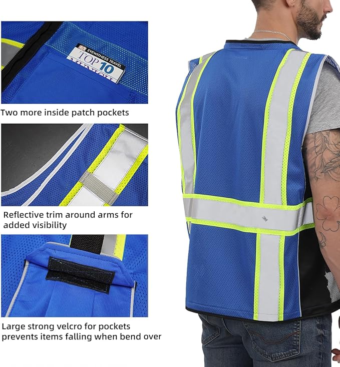 Dib Safety Vest Reflective Blue Mesh, High Visibility Vest with Pockets and Zipper, Heavy Duty Vest Made with 3M Reflective Tape 2XL