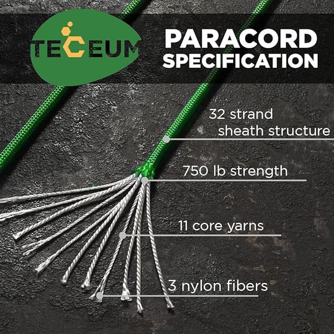 TECEUM 5/32" Paracord Rope 1000 – 1000ft / 200ft / 100ft / 50ft – Tactical Parachute Cord 4mm – 45+ Colors – Nylon String for Survival & Camping Gear – Stripe Cord for Survival – Utility Rope