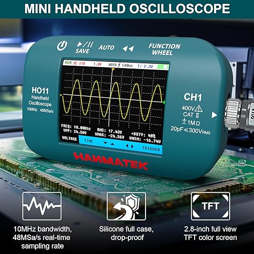 HANMATEK HO11 Handheld Digital Oscilloscope - 10MHz Bandwidth, 48MSa/s High-Precision Sampling, 2.8" TFT Display, USB Rechargeable, Advanced Trigger System, Portable for Fieldwork