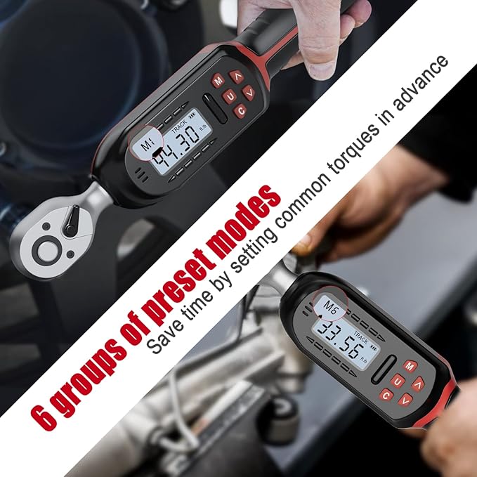 3/8 Inch Digital Torque Wrench with Preset Values, 2.2-44.3 Ft-lbs/3-60Nm, Buzzer and LED Notification, Small Electronic Torque Wrench for Motorcycles