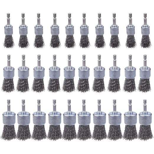 Rocaris 30 Pack Carbon Steel Wire Wheel Brush with 1/4-Inch Hex Shank, Pen Brush, for Rust Removal, Corrosion and Scrub Surfaces, 3 Sizes