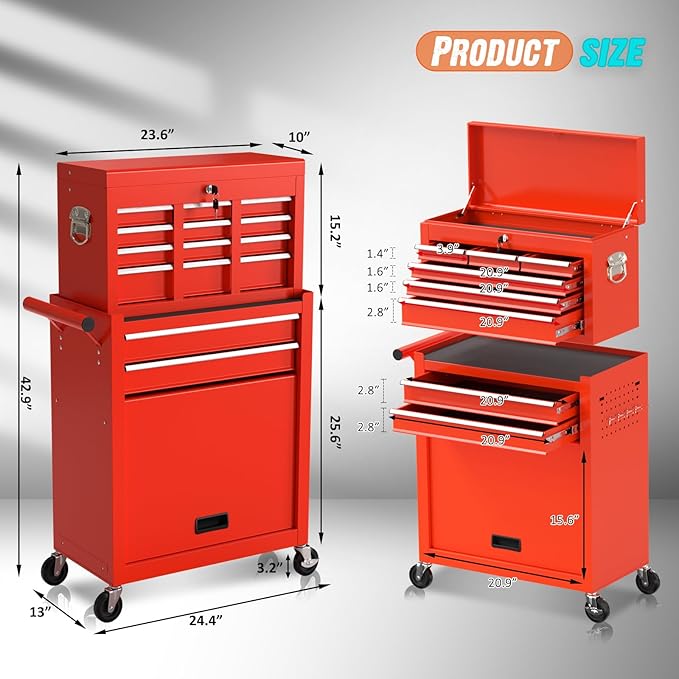 8-Drawer Rolling Tool Chest with Wheels, 2-in-1 Detachable Tool Box with Drawers and Large Cabinet, Rolling Tool Chest Storage Cabinet with Lockable for Warehouse, Garage, Workshop (Red)