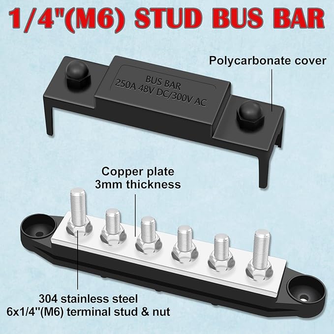 250A 12V Bus Bar Marine, 1/4" Power Distribution Block, Battery Buss Bar, Automotive Busbar Terminal Block for Car and Boat, 6 x 1/4"(M6) Studs (Black+Red)