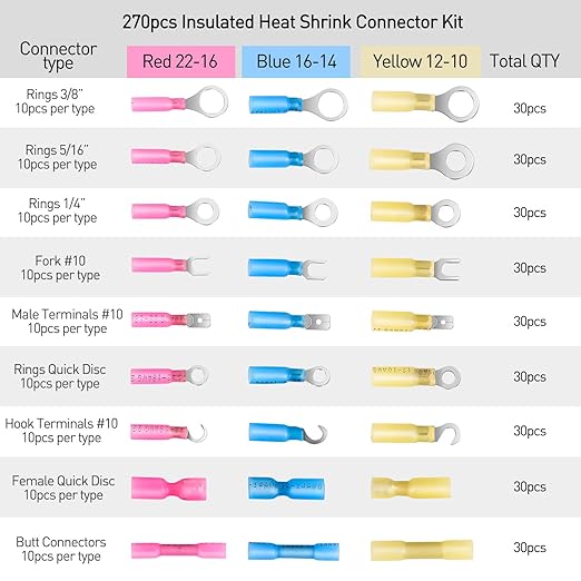 Nilight 270 PCS Heat Shrink Wire Connector Waterproof Marine Automotive Connector Assortment Rings Fork Hook Spade Butt Splices