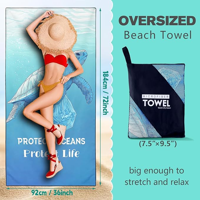 Protect Sea Animals Beach Towel Oversized 36" x 72", Thin Lightweight Sand Free Quick Dry Microfiber Towel for Swimming Pool Cruise Camping Travel