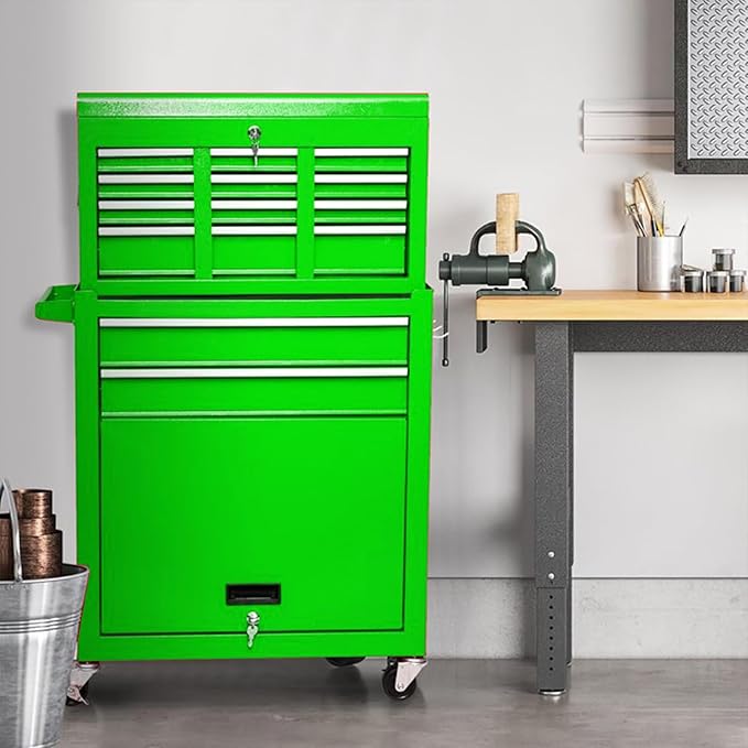 8-Drawer Rolling Tool Chest, 2-in-1 Tool Box Organizer with Lockable Wheels, Sliding Drawers, and Detachable Top, Garage Workshop Tool Storage Cabinet, Green