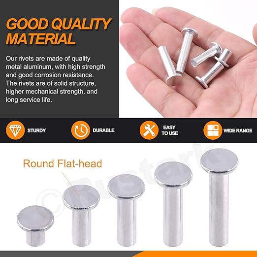 151Pcs 5 Sizes M6 Aluminum Flat Head Semi Tubular Rivets Assortment Kit with Punch, Partial Hole Tubular Rivets Round Flat Head Semi Tubular Rivet Silver Tone for Household Industry Repairing