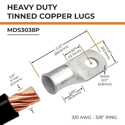 SELTERM 25pcs 3/0 AWG 3/8" Stud Marine Grade Tinned Copper Battery Cable Lugs, 000 Gauge Ring Terminals, UL Wire Lugs Electrical Battery Cable Ends, Tinned Copper Lugs Battery Terminal Connectors