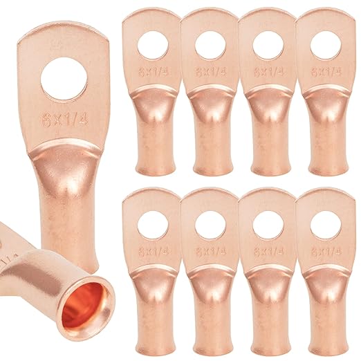 10PCS 6AWG - 1/4''Stud Heavy Duty Copper Terminals,Battery Cable Crimp Lugs,Battery Cable Ends,Bare Copper Eyelets Tubular Ring Terminals,Closed End Crimp Electric Connectors (6AWG - 1/4''Stud)