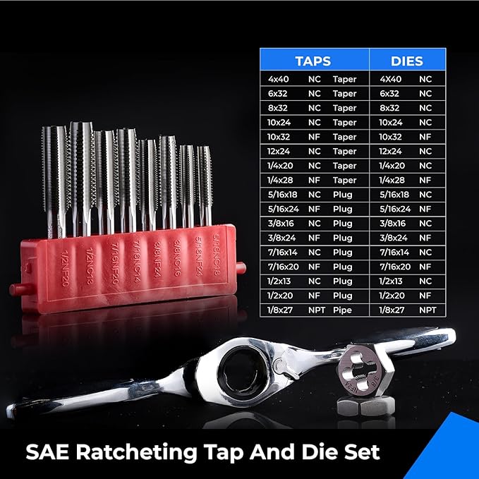 toolant 41pcs SAE Ratcheting Tap and Die Set, Complete Tap, Die, and Handle Kit, Effort-saving Ratcheting Handle, Full Range of SAE Sizes from #4 to 1/2" including UNC, UNF, and 1/8 NPT, Plastic Case