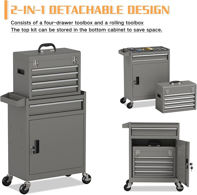 5-Drawer Rolling Tool Chest,Garage Storage Tool Box with Wheels,Lockable and Detachable Tool Cabinet,Heavy Duty Metal Tool Cart with Wheels for Garage,Warehouse,Workshop (Gray)