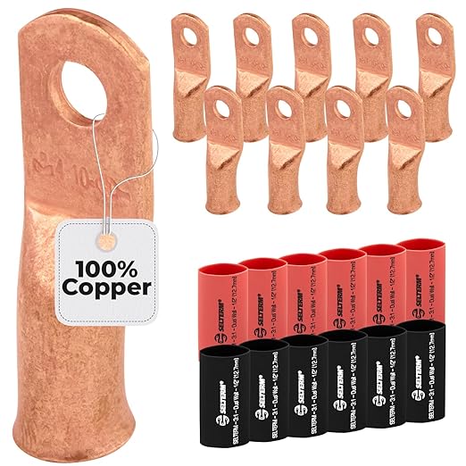 SELTERM 10pcs - 4 Awg - #10 Stud - Battery Lugs - Ring Terminal Connectors | with 12pcs 3:1 Black & Red Heat Shrink Tubing with Adhesive | Heavy Duty Battery Cable Ends - Bare Copper Wire Lugs Kit