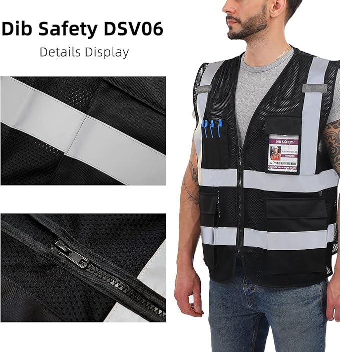 Dib Safety Reflective Mesh Vest High Visibility with Pockets and Zipper, Black Mesh 2X