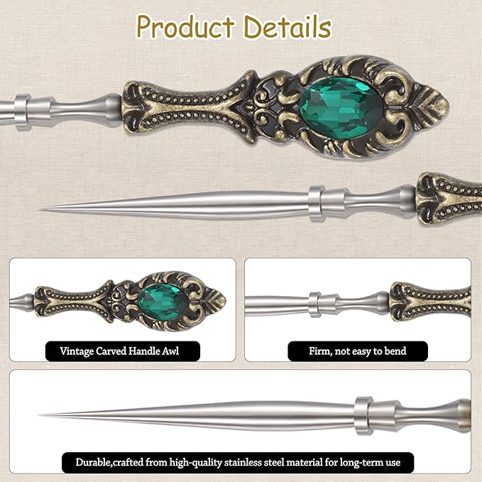 2Pcs Metal Embroidery Awl Set, European Vintage Carved Handle Scratch Awl, Sharp Sewing Awl Tool for Sewing with Storage Cases, Durable and Leather Punch Stitching DIY Craft(Antique Bronze)