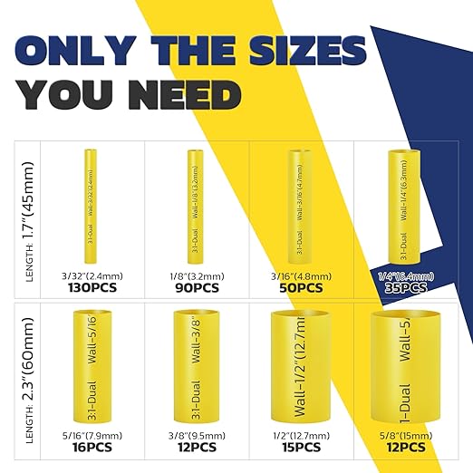 haisstronica 360PCS Heat Shrink Tubing,3:1 Ratio Adhesive Lined Marine Heat Shrink Tube Kit 8 Sizes(3/32"-5/8") Yellow