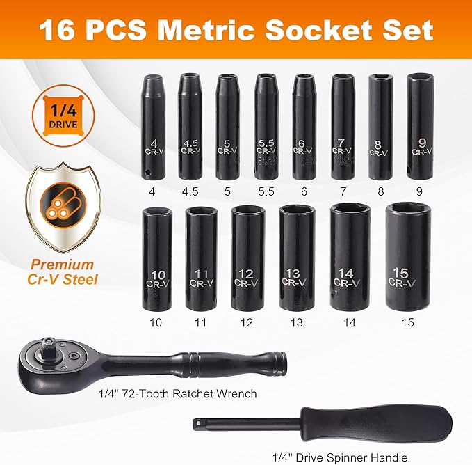 16-Piece 1/4" Drive Socket Set, Metric (4mm-15mm), Deep Sockets, 72-Tooth Ratchet Wrench, Drive Spinner Handle, 6 Point Design, Cr-V