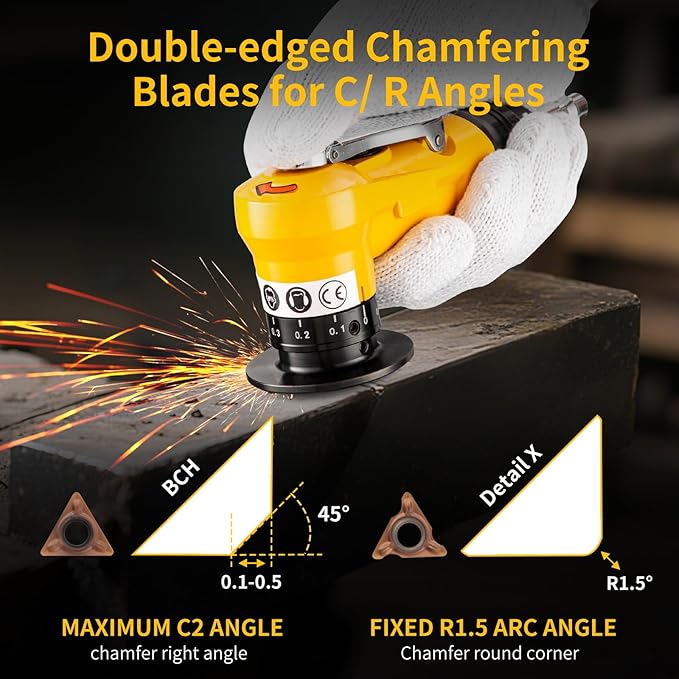 2 in 1 Pneumatic Chamfering Tool- Mini Air Chamfer Tool with Multi-Angle Chamfering Kit,45 Arc Corner Deburring Beveling Chamfer Machine for Metal, Acrylic,Woodworking (Yellow)