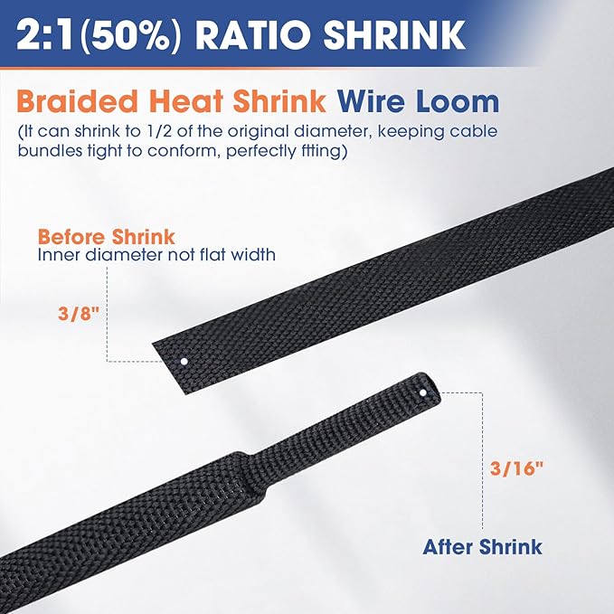 2:1 Heat shrinkable Braided Sleeving Fabric Wire Loom High Temp Heat Shrink Wiring Harness Abrasion Protector Cable Sleeve(3/8"-34ft)