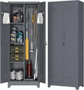 65''H Broom Closet Storage Cabinets, Metal Utility Closet Storage Cabinet, Indoor Cleaning Cabinet with Adjustable Shelves and S-Hooks for Bathroom,Garage
