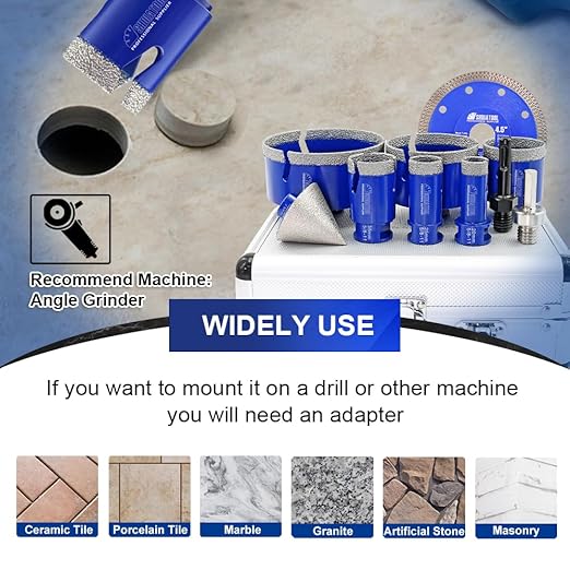 SHDIATOOL Diamond Tile Drill Bits Kit 10pcs, Porcelain Hole Saw Sets, Core Bits Cutter for Drilling Ceramic Marble Granite (20/25/35/50/75/100/2"/SDS/HEX/4.5”)