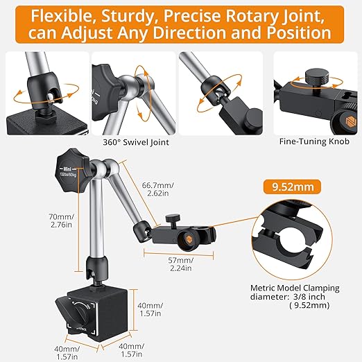 Neoteck 132lbs/60kg Max Pull Steel Magnetic Base for Digital Dial Indicator with 3/8 inch (9.52mm) Clamping Hole Adjustable Test Indicator Holder Weighs 671g Widely Used in 3D Printer and Lathe