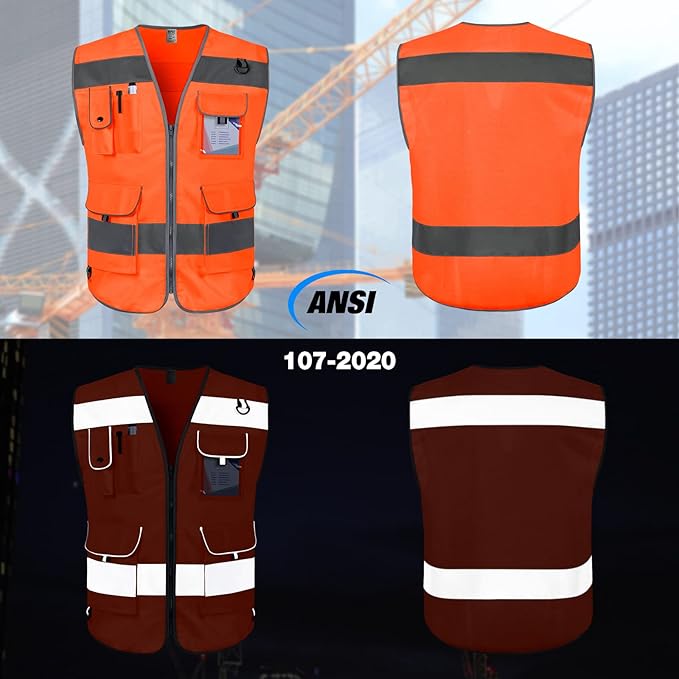 TCCFCCT High Visibility Vest 9 Pockets Hi Vis Reflective Safety Vest for Men Women, Construction Vest with Reflective Strips, Meets ANSI/ISEA Standards, (Orange, Small)