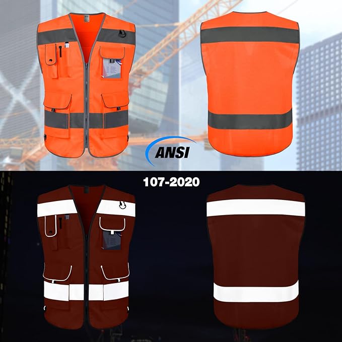 TCCFCCT Reflective Safety Vest 9 Pockets High Visibility Vest for Men Women, Hi Vis Reflective Work Vest for Safety, Meets ANSI/ISEA Standards, (Orange, XX-Large)