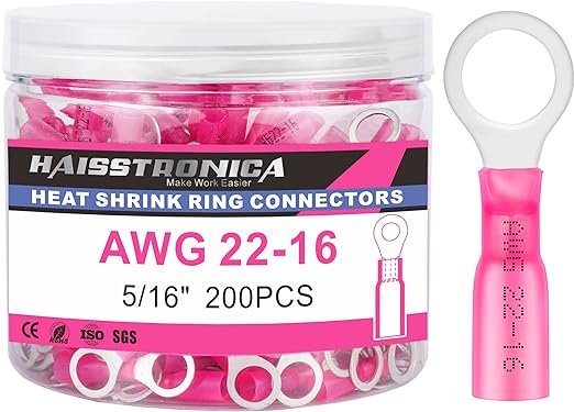 haisstronica 200PCS Heat Shrink Ring Terminals 5/16" Marine Grade Wire Connectors Red AWG 22-16 Gauge, Tinned Red Copper 0.7mm Resistant Ring Connectors, Brazed-Seam Insulated Electrical Crimp