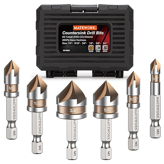Countersink Drill Bit Set, M2 Cobalt HSS Countersink Drill Bits 6 Pieces 1/4 Inch Quick Change Hex Shank for Metal, Wood, Stainless Steel, Carbon Steel