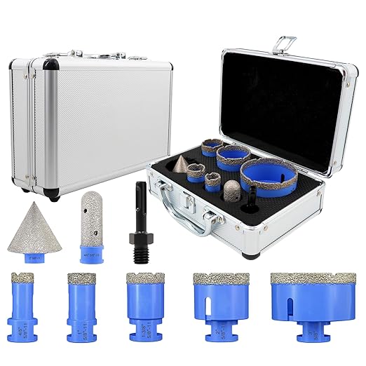 Diamond Tile Hole Saw Kit - 8Pcs 4/5'', 1'', 1-3/8'', 2'', 3'' Drill Bits Set, 4/5'' Finger Milling Bit, 2'' Beveling Chamfer Bit, SDS Adapter for Porcelain Tile Ceramic Granite Marble