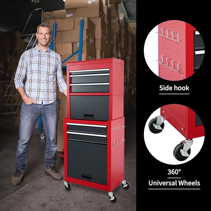 Rolling Tool Chest, 3-in-1 Detachable Metal Tool Box with Wheels & Drawers, High Capacity Toolbox Organization Sliding Drawers Garage Storage Box Cabinet Tools Cart for Warehouse Workshop
