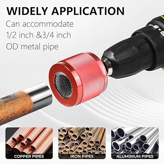 1/2" & 3/4" Copper Pipe Cleaner Set for Drill, with 1/4" Hex Shank & 10 Brush Blades Plumbing Tools for Removing Rust, Stains & Paint from Copper & Metal Pipes