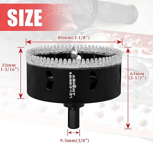 3-1/8 Inch Diamond Hole Saw with Pilot Drill Bit, 3-1/8" Serrated Brazing Tile Hole Saw Diamond Core Drill Bits with Guiding Bit for Ceramic Porcelain Tile Glass Stone Granite Marble