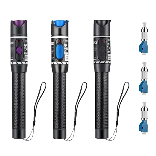 Moocci 3 Pcs Visual Fault Locator Fiber Optic Tester - VFL Fiber Optic Cable Tester Meter with FC to LC Adapter - Tools Kit for FC/SC/ST/LC Connector,Network Cable Test - Purple Blue Black