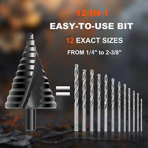 COMOWARE Step Drill Bit, 12 Sizes from 1/4" to 2-3/8", High Speed Steel Step Bit with 2 Spiral Flutes, 3-Flat Shank, Steps Bits for Metal, Aluminum/Wood/Plastic/Iron, Unibit for Electricians & DIY