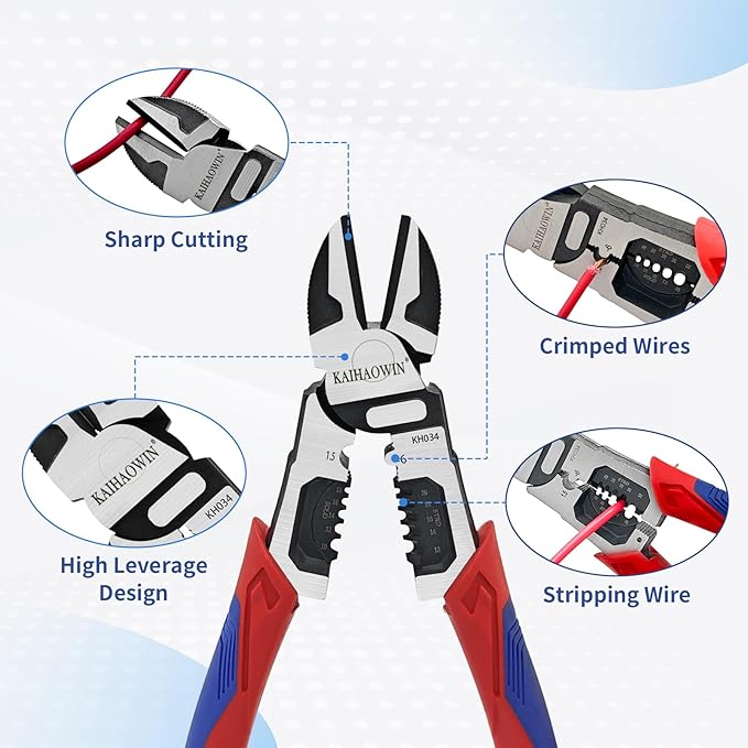 KAIHAOWIN 3-in-1 Wire Cutters with Stripper and Crimper Multifunction Diagonal Cutters Side Cutters Heavy Duty for Electrician and Homes