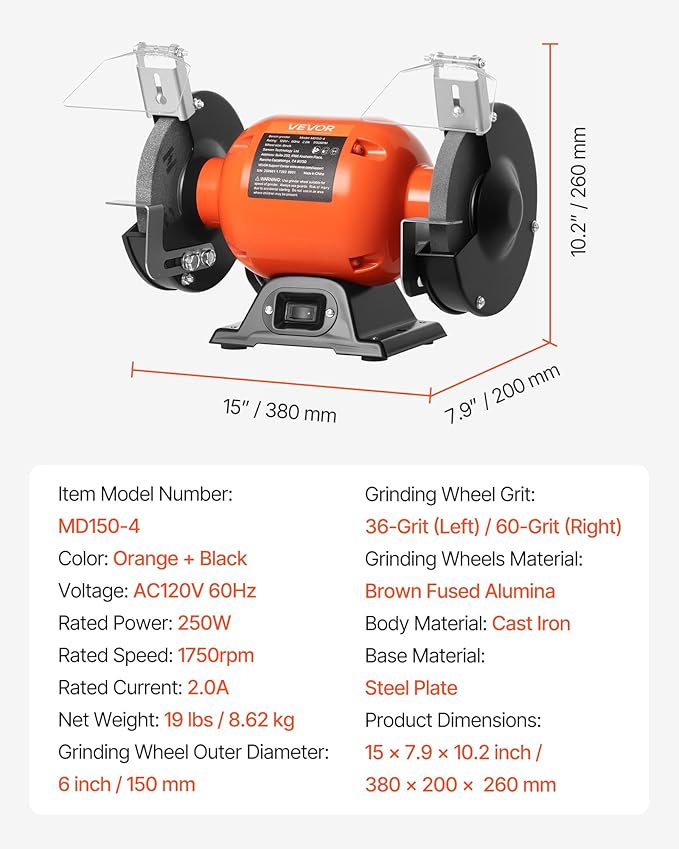 VEVOR Bench Grinder, 6-inch Single Speed Bench Grinder, 1750RPM Low-Speed Table Grinders with 250W 2A Induction Motor, 36/60-Grit Grinding Wheels & Adjustable Tool Rest for Precise Sharpening Grinding