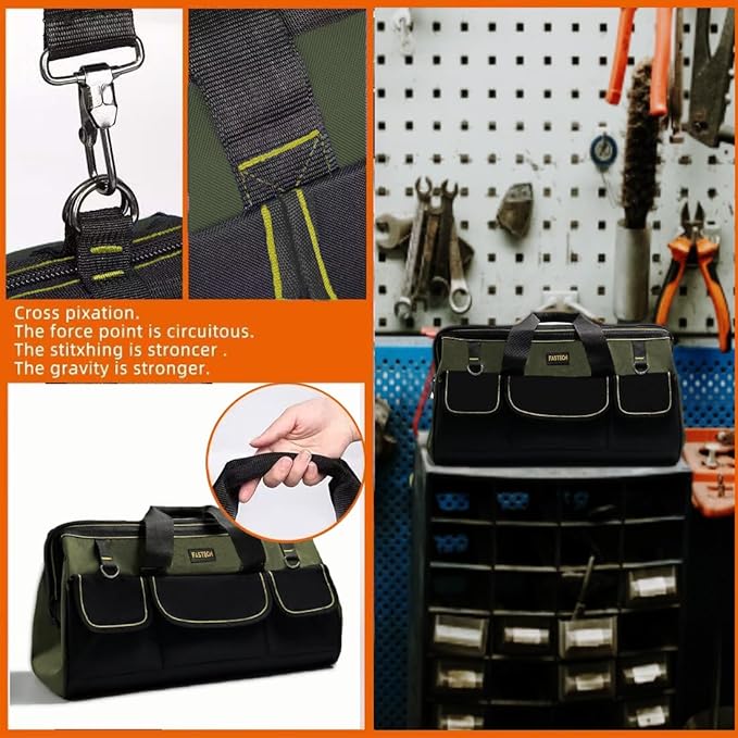 22-inch Wide Mouth Tool Bag with Water Proof Molded Base, Wide Mouth Tool Tote Bag, Waterproof Tool Organizer Bag for Men with Adjustable Shoulder Strap(No Bottom Shell)