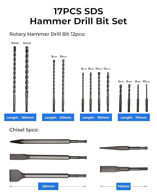 toolant Rotary Hammer Drill Bits Set with Chisels-Masonry Drill Bit Set,SDS Plus 17PCS Concrete Masonry Hole Tool with Storage Case for Concrete, Stone, Brick