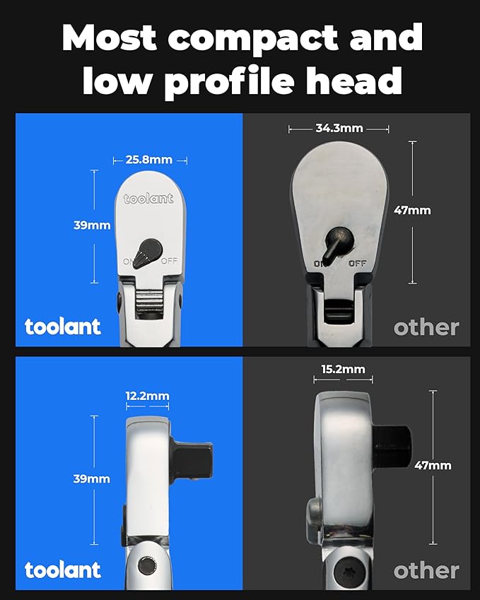 toolant Stubby 3/8" Drive Flex Head Ratchet, 90 Tooth Compact Flex Head Socket Ratchet Wrench, 4.7 Inch Length