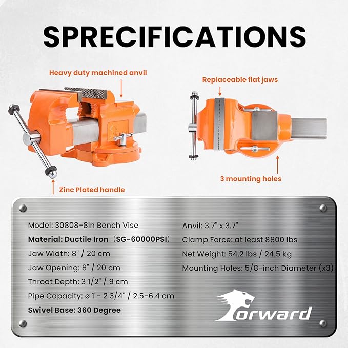 Forward Bench Vise 8 Inch Ductile Iron Bench Vice with 360 Degree Swivel Base and Channel Steel Guide Bar 30808 (8")