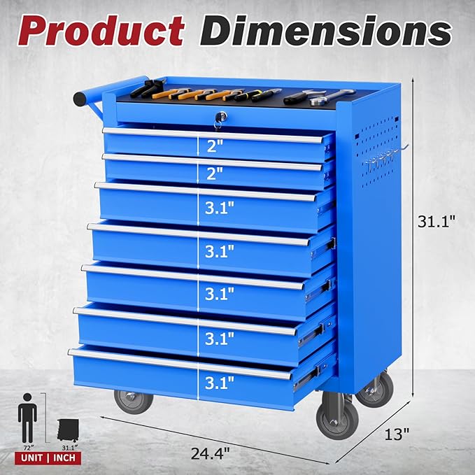 Rolling Tool Chest with Drawers, 7 Drawers Tool Chests & Cabinets, Metal Toolbox with Wheels, Lockable Storage Cabinet, Garage Tool Box with Drawers (Blue, 7 Drawers)