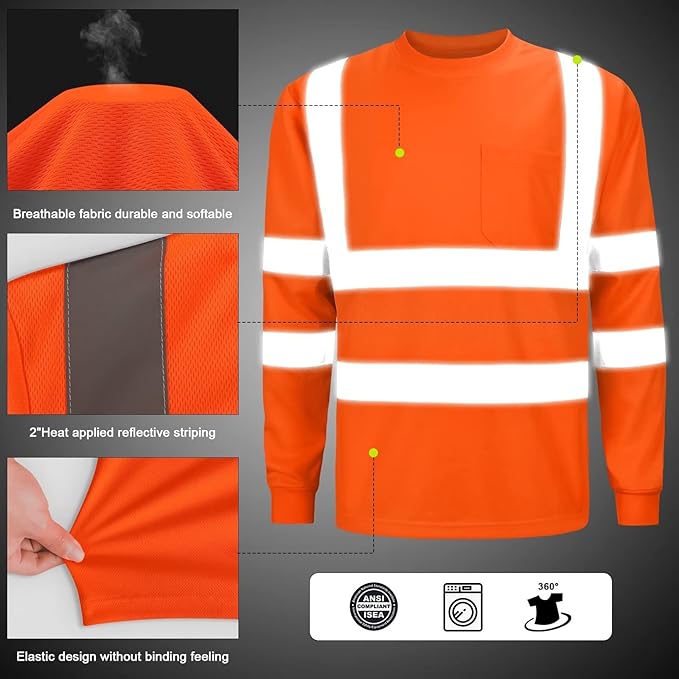 High Visibility Class 3 T Shirts，Hi Vis Safety Shirts with Reflective Strips and Pocket, Long Sleeve Quick Dry Mesh Construction Work Shirt for Men/Women Orange,2XL