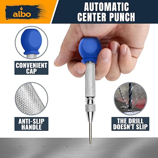 ALBO Spring Loaded Center Punch Tool – 5 Inch Automatic Punch for Metal, Wood & Steel – Heavy Duty Drill Punch with Non-Slip Comfort Cap, Galvanized Finish & Precision Tip for Accurate Marking (1pc)