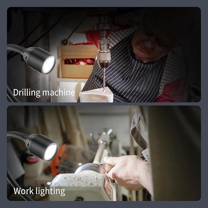 LED Work Lights - 450 Lumens COB Lamp, Flexible Gooseneck, Screw-Fixed Base, Ideal for Machine Tools, Lathe Workbenches