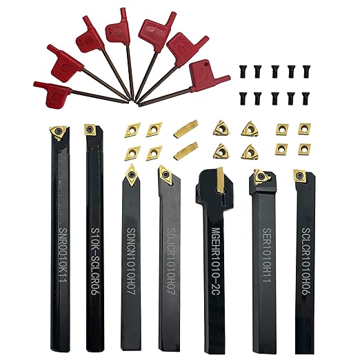 Indexable Lathe Turning Tool 3/8”10mm 7PCS Metal Lathe Tools+21PCS Carbide Inserts，Carbide Lathe Tools ，Lathe Tools，Hard Alloy Cutting Tools and Blades Used and Boring Mini Lathe Tools+10pcs Screw