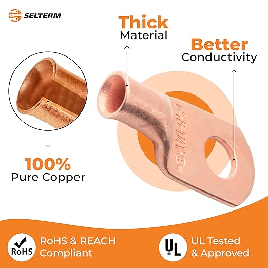 SELTERM 2pcs 8 AWG 1/4" Stud (Wide Pad) Copper Wire Lugs, Battery Lugs,Ring Terminals,Battery Cable Ends, 8 Gauge Ring Terminal Connectors,UL Heavy Duty Bare Copper Eyelets Battery Terminal Connectors